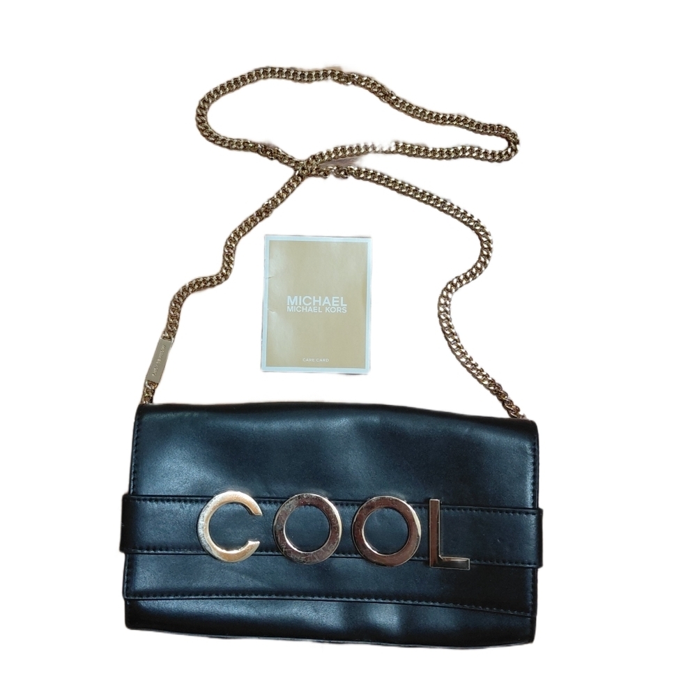 Michael Kors Bellamie COOL Black Leather Crossbody Clutch with Gold Chain - Picture 14 of 15